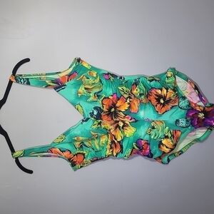 VINTAGE 70's, 80's Gabar Floral Mint Green Ruched One Piece Swimsuit